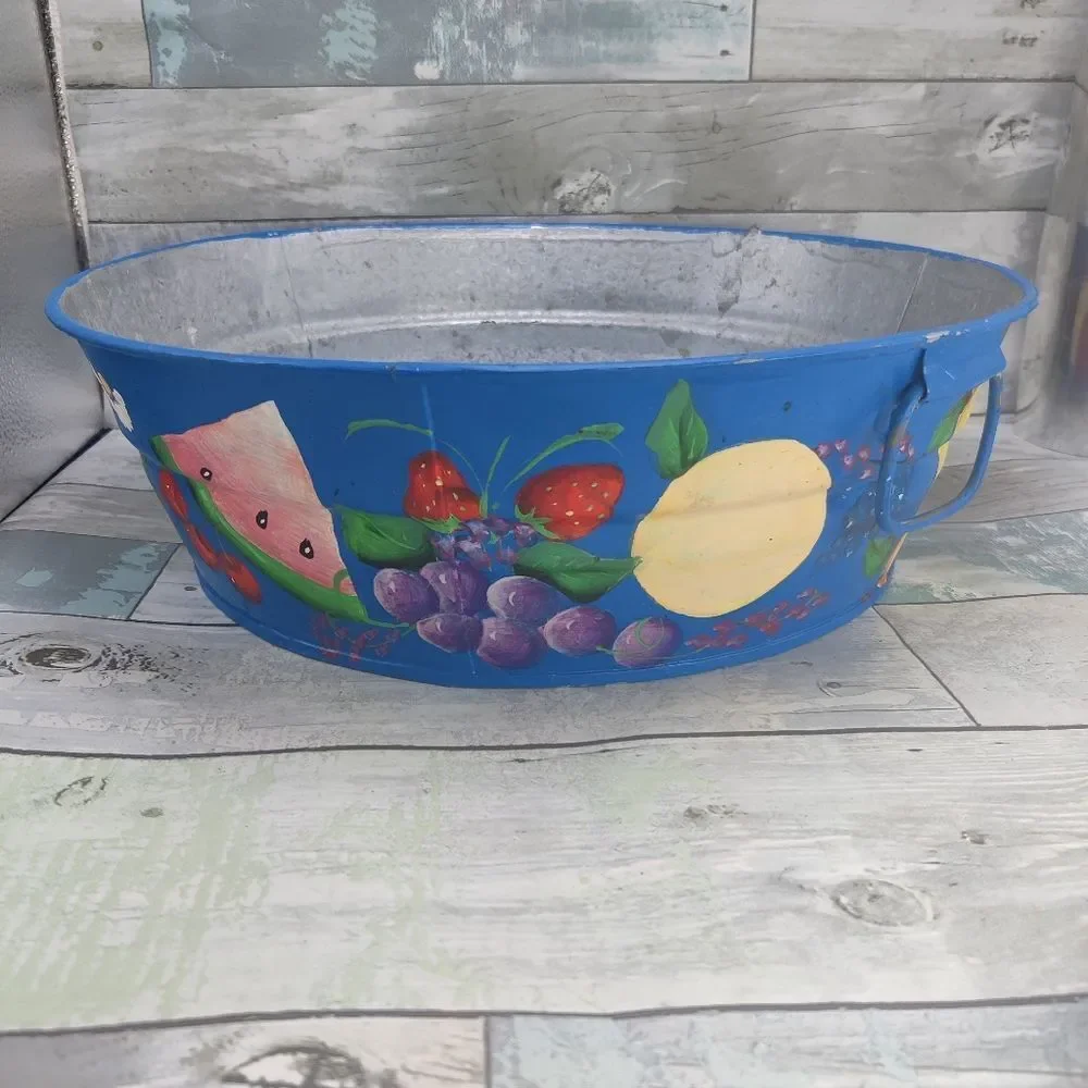 VINTAGE HAND Painted Galvanized Metal Tub Colorful Fruits on Blue
